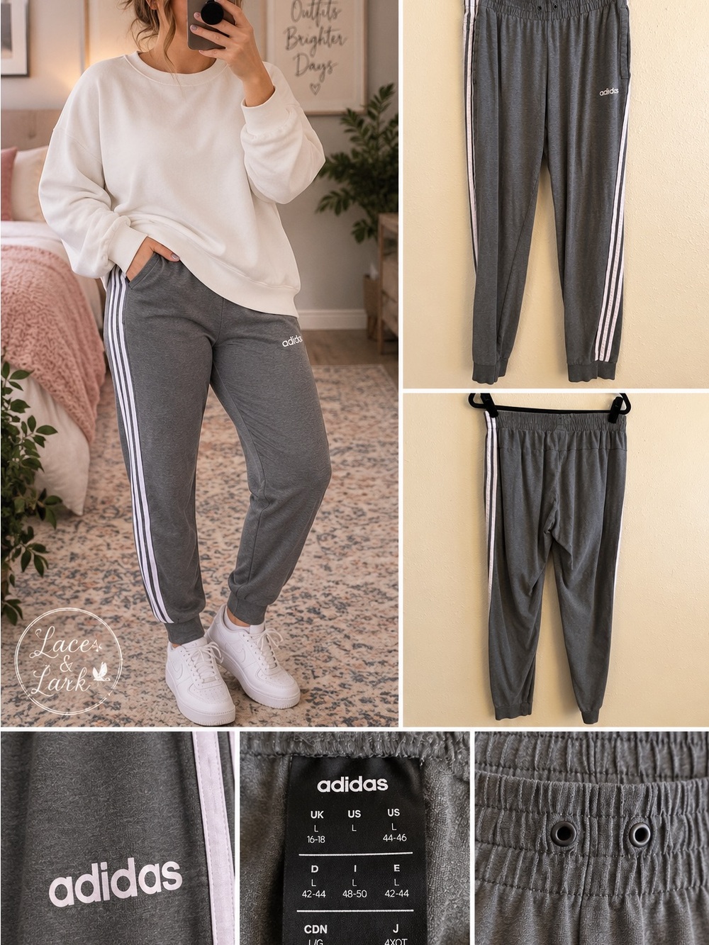 adidas Women’s Gray 3-Stripe Jogger Pants White Stripes Athleisure | L